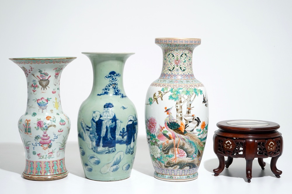 Three various Chinese vases and an inlaid wooden stand with dreamstone, 19/20th C.