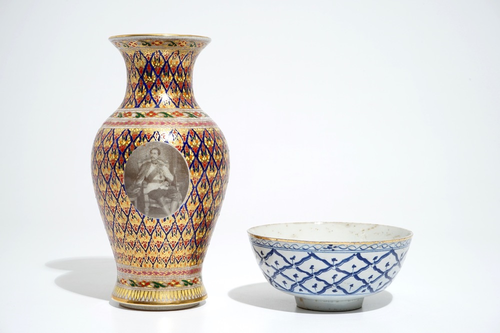 A Thai Bencharong vase with the portrait of King Rama V, and a blue and white bowl, 19/20th C.