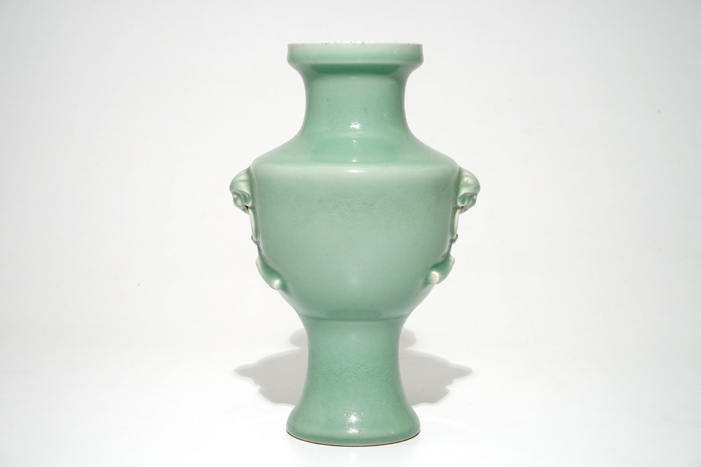 A Chinese monochrome celadon-glazed vase, Qianlong mark, 19/20th C.