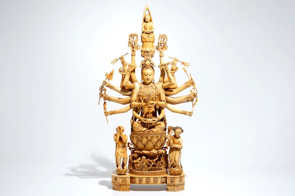 A large Chinese carved ivory model of the 1000-armed Guanyin, 19th C.