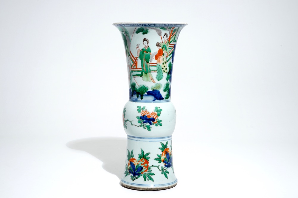 A Chinese wucai gu vase with figures, Shunzhi, Transitional period