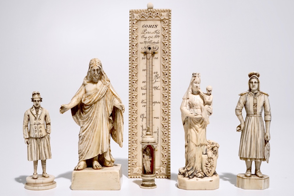 Four carved ivory figures, a miniature altar and a thermometer, Dieppe and other workshops, 19th C.