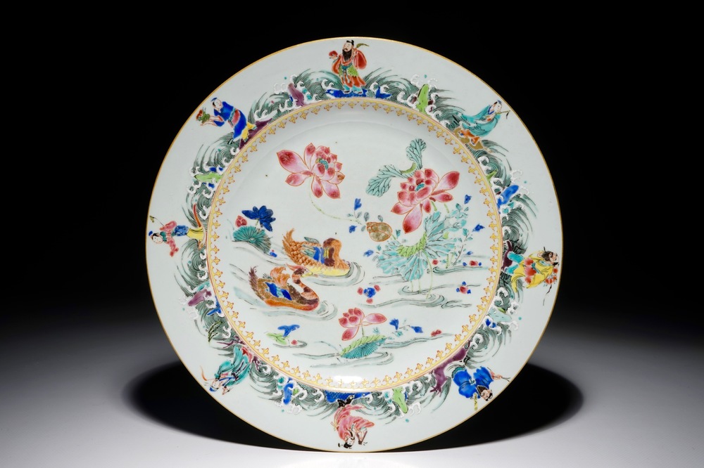 A Chinese famille rose dish with mandarin ducks and immortals, Yongzheng