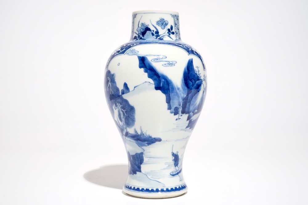 A Chinese blue and white baluster vase with landscape panels, Kangxi