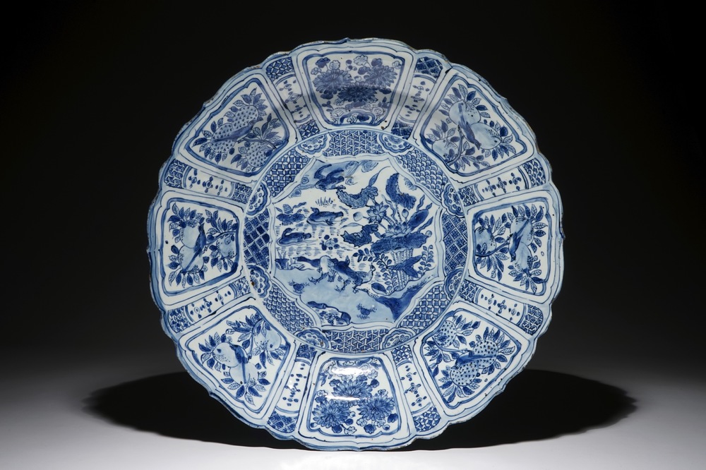 A very large Chinese blue and white charger with mandarin ducks, Wanli
