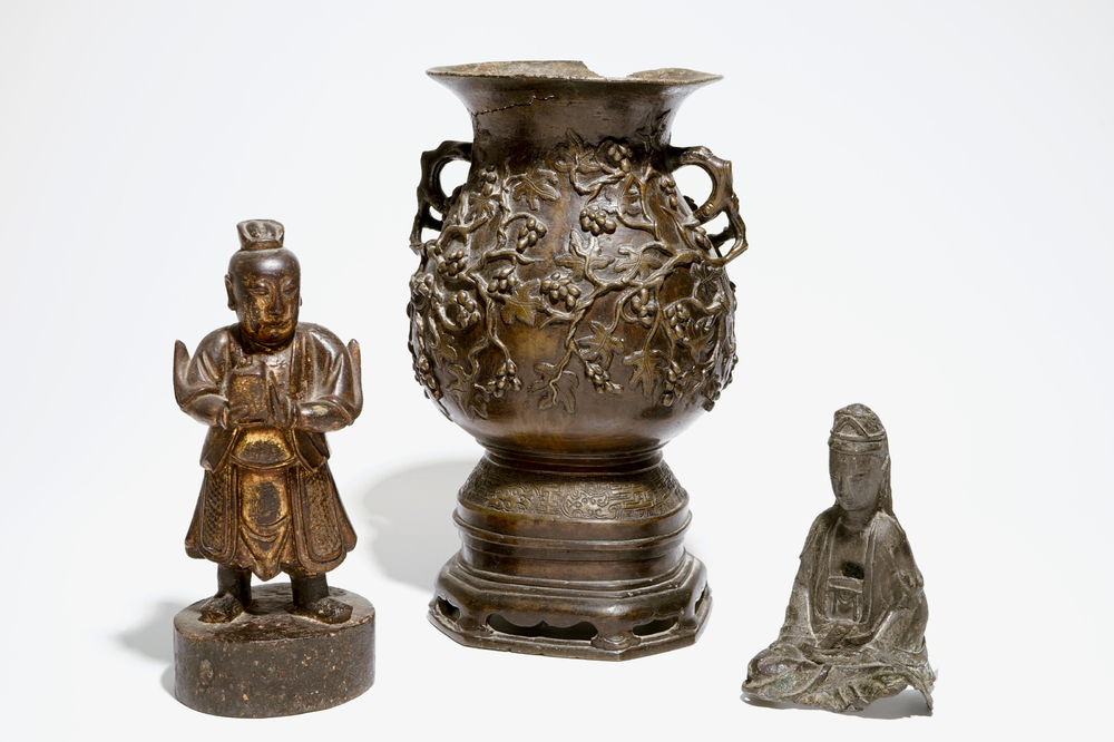 A large Chinese bronze vase on stand, a seated Guanyin and a gilt wood figure, Ming Dynasty