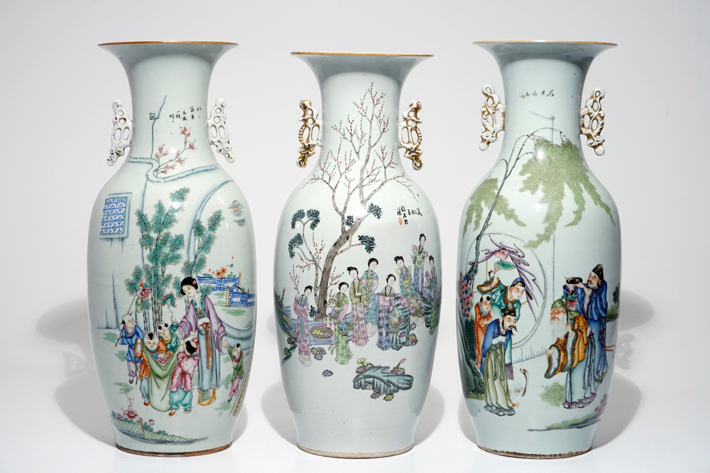 Three tall Chinese famille rose vases with calligraphy, 19/20th C.
