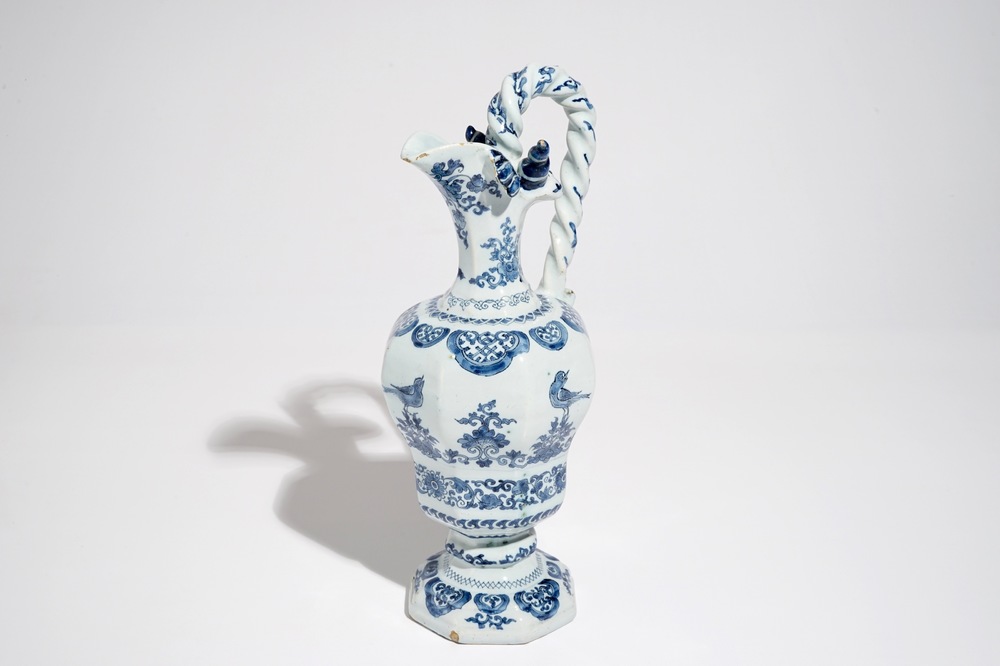 A large Dutch Delft blue and white rope twist handle jug, 2nd half 17th C.