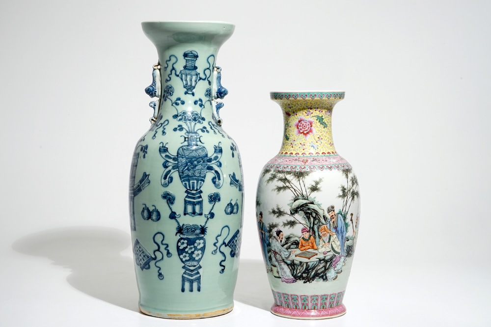A fine Chinese famille rose vase with figures and a celadon-ground vase, 19/20th C.