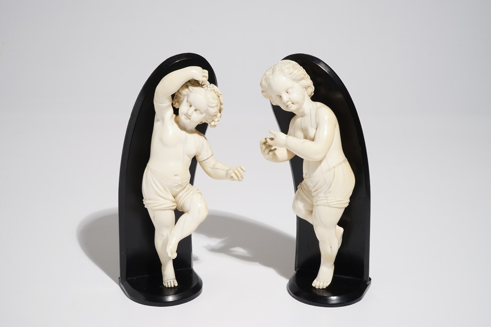 A pair of ivory models of putti, France, 18th C.