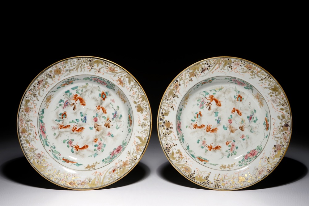 A pair of Chinese famille rose plates with goldfish, Yongzheng