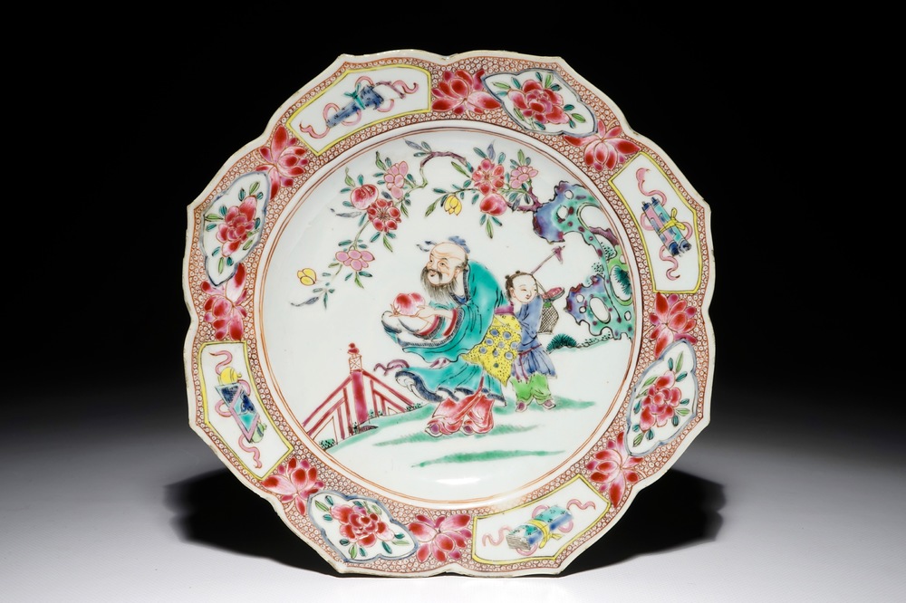A Chinese famille rose lotus-shaped plate with Shou Lao, Yongzheng