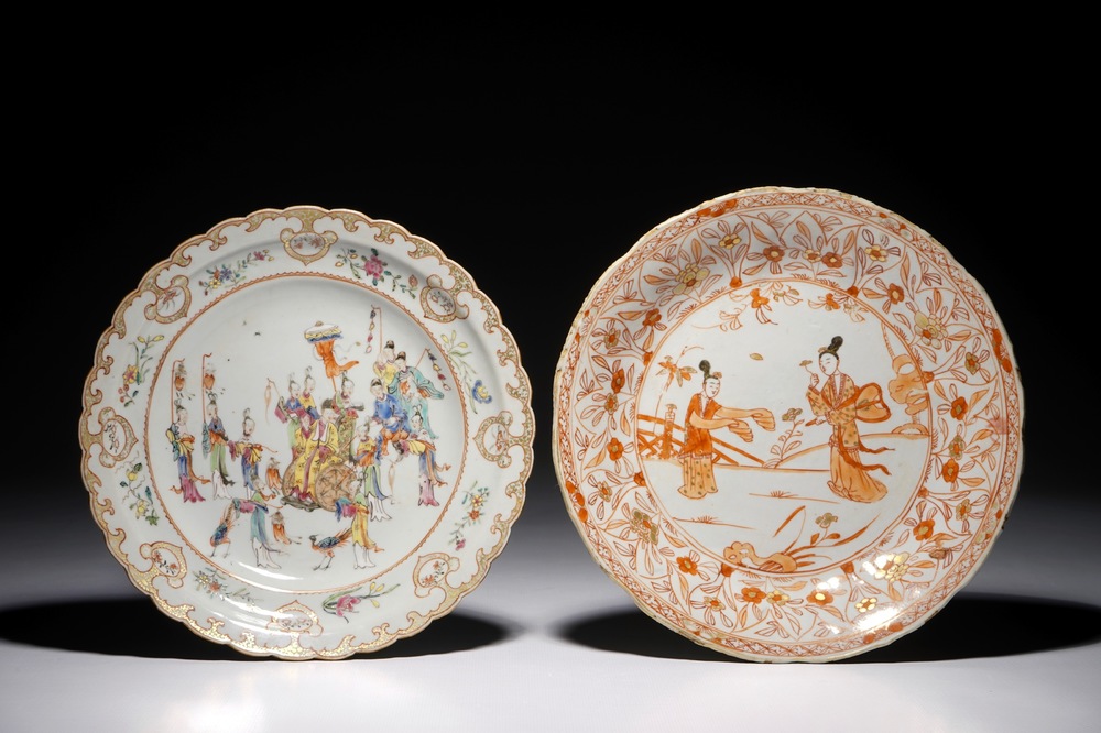 Two Chinese famille rose and iron red plates with figures, Kangxi/Qianlong