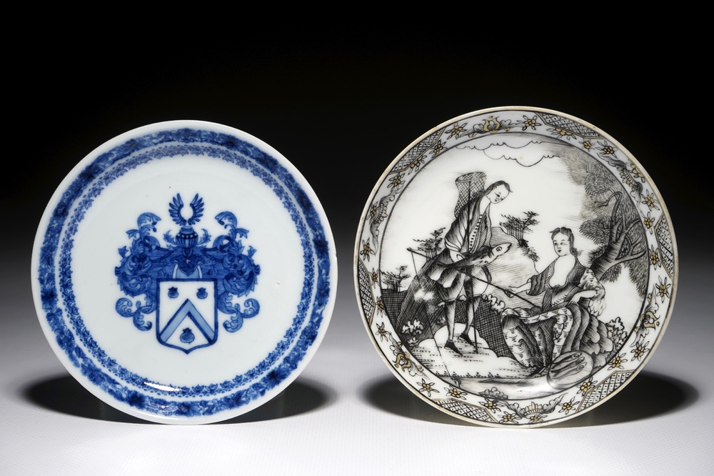 A fine Chinese grisaille &quot;Agua&quot; saucer and a blue and white armorial one for the Dutch market, Qianlong