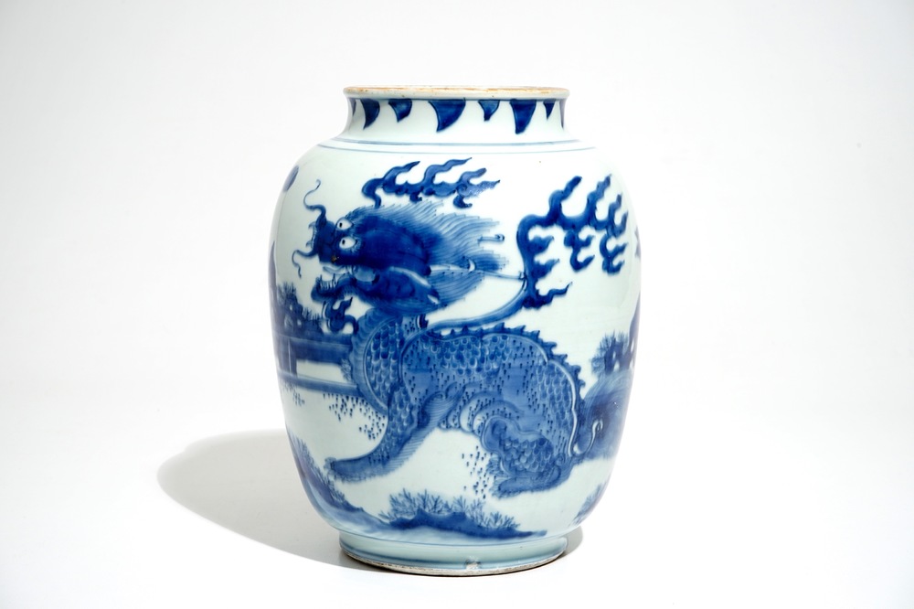A Chinese blue and white vase with a qilin, Shunzhi, Transitional period