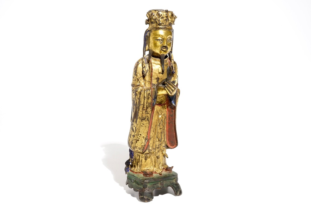 Un mod&egrave;le de Wenchang Dijun en bronze dor&eacute; et polychrom&eacute;, Chine, Ming