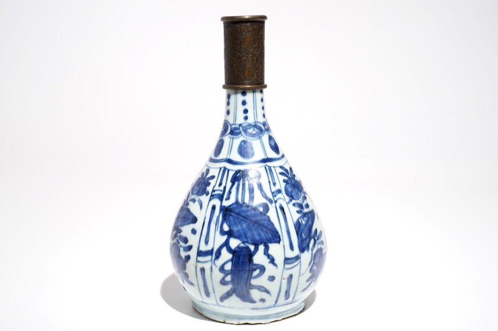 A Chinese blue and white bottle vase with Persian Qajar bronze mount, Wanli