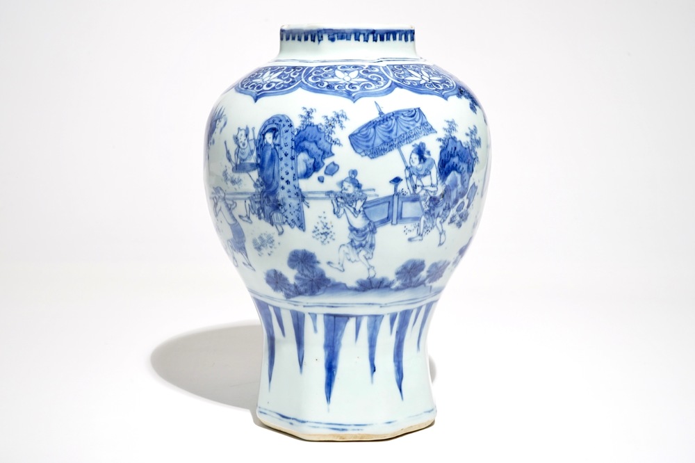 A Chinese blue and white baluster vase with figural design, Transitional period