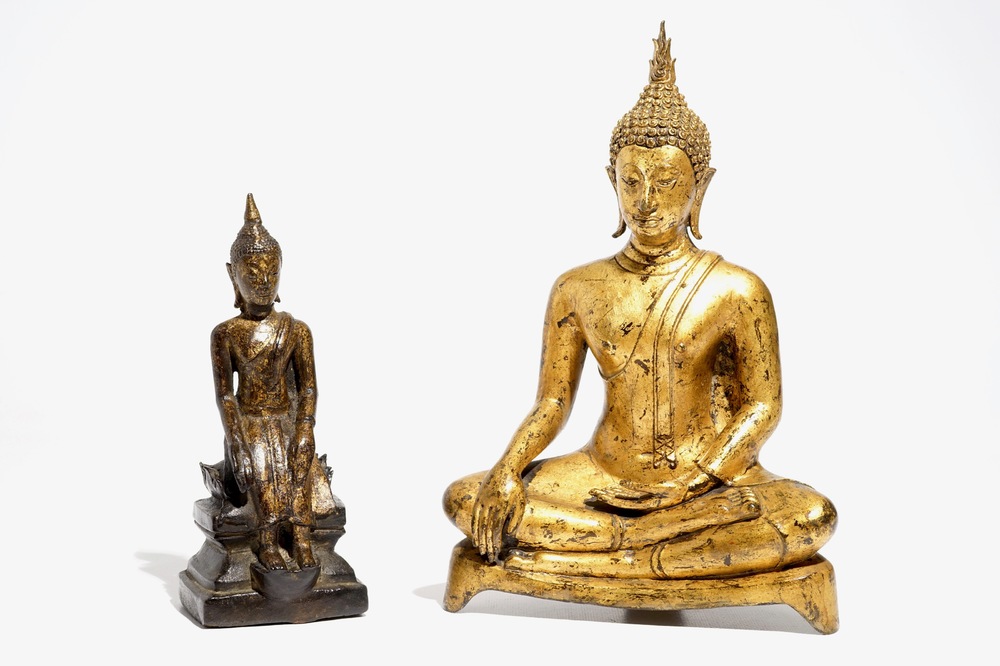 Deux mod&egrave;les de Bouddha en bronze dor&eacute;, Tha&iuml;lande, 19/20&egrave;me