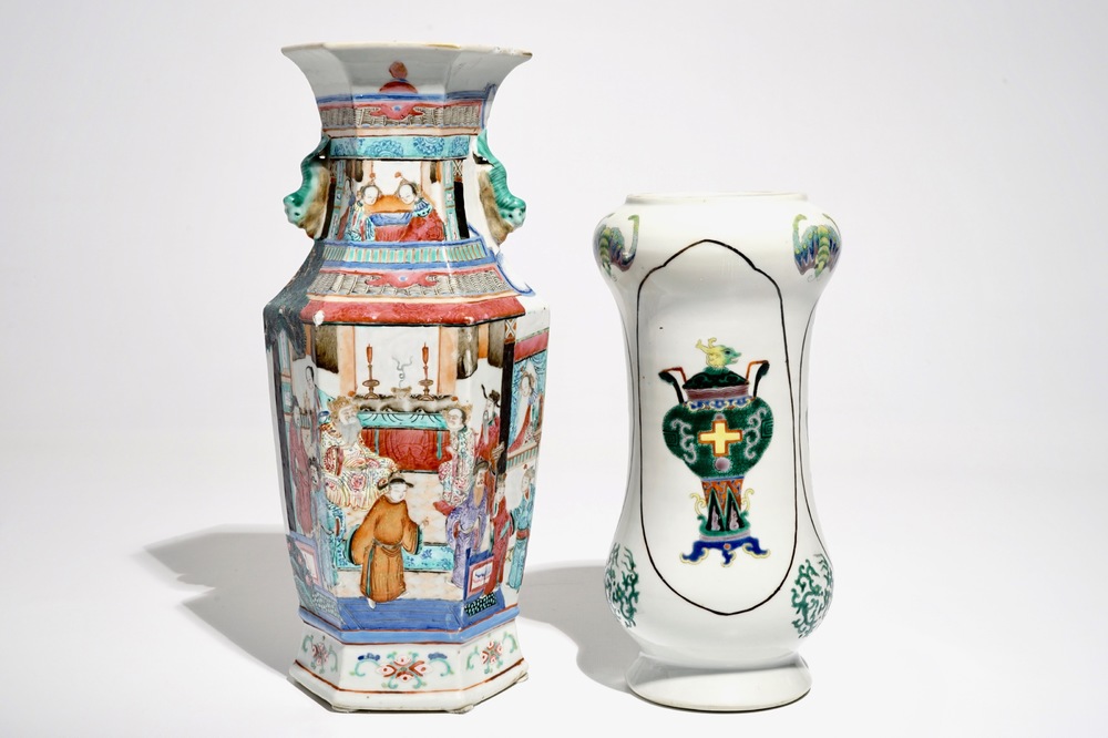 A Chinese hexagonal famille rose vase and an albarello-shaped famille verte vase, 19th C.