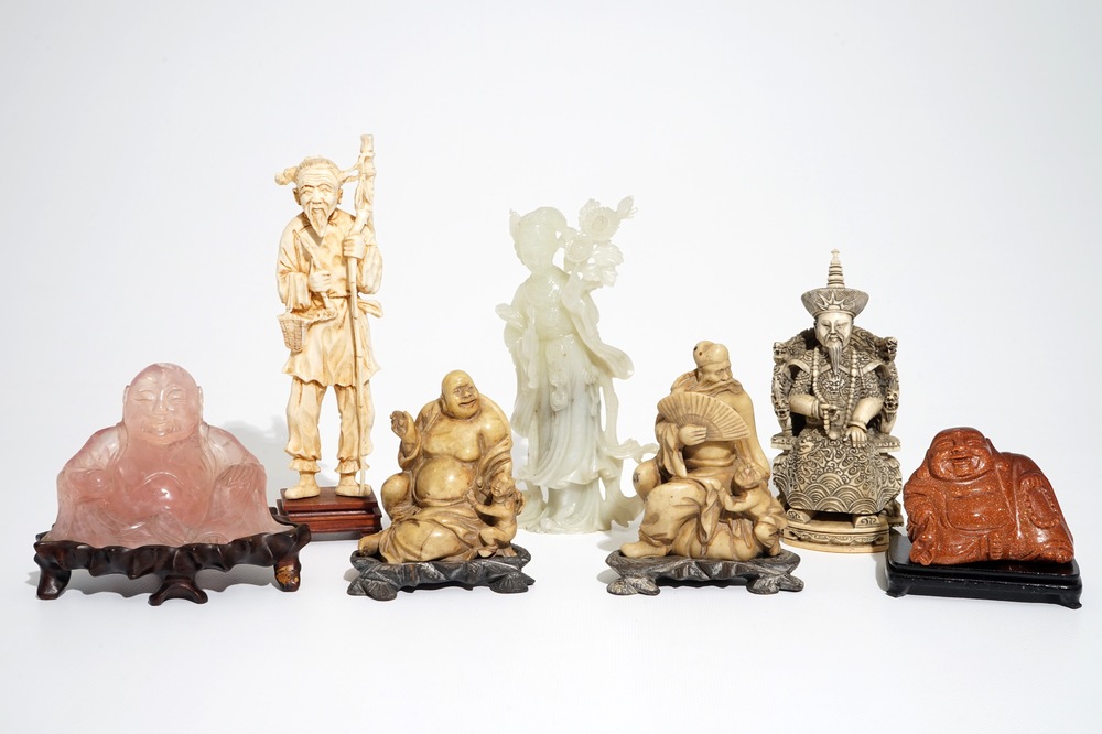 Seven Chinese carved ivory and hardstone figures in quartz, soapstone and goldstone, 19/20th C.