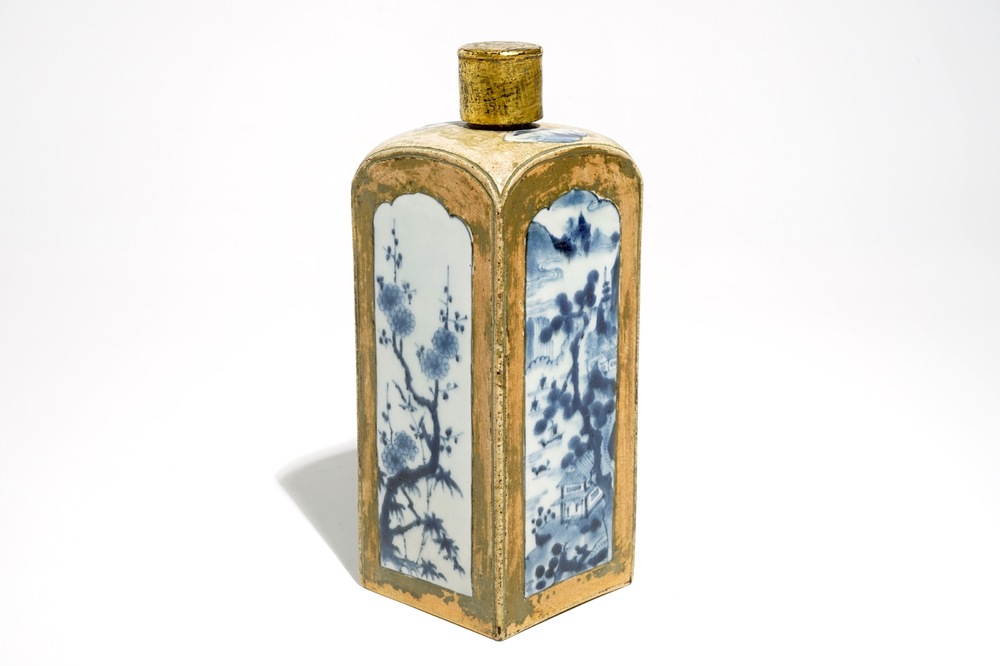 A square Japanese Arita blue and white bottle with biscuit frame, Edo, 17/18th C.