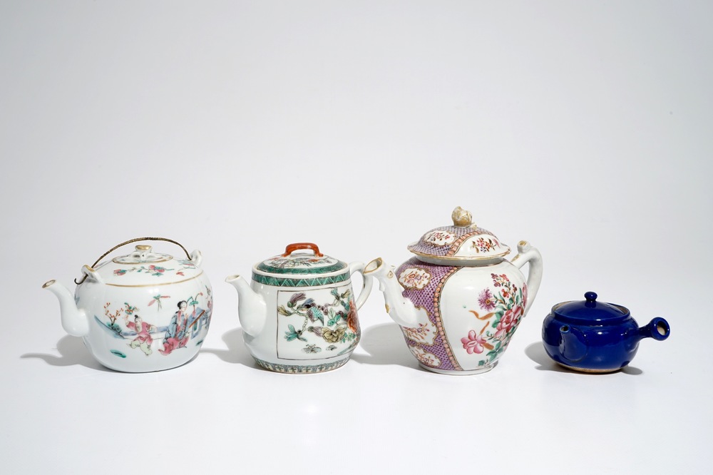 Four various Chinese famille rose, verte and monochrome teapots, 18th and 20th C.