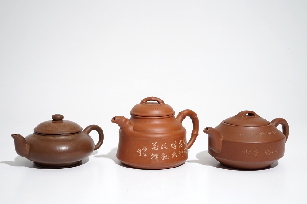 Three various Chinese Yixing stoneware teapots and covers, 19/20th C.