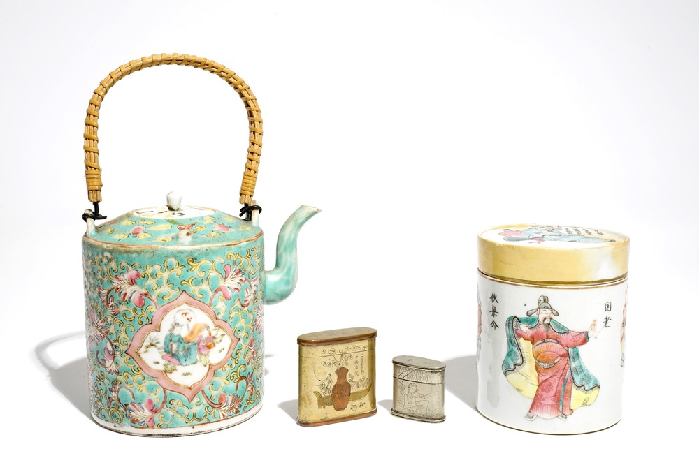 A Chinese famille rose box and cover, a large teapot and two engraved metal boxes, 19/20th C.