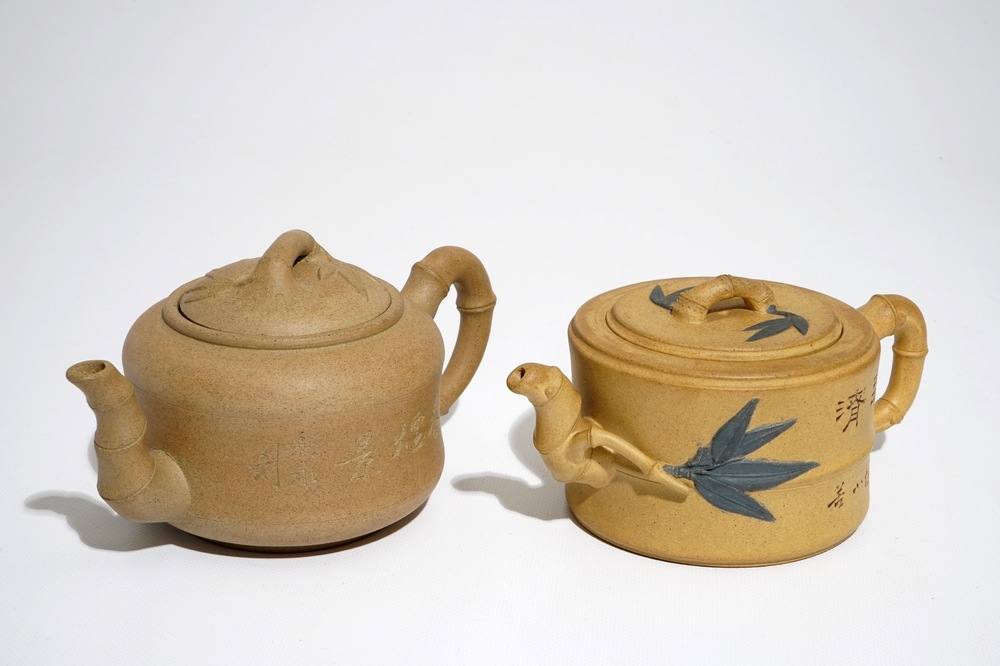 Two Chinese sand-coloured Yixing stoneware teapots, 20th C.