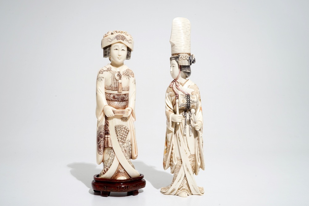 Two Japanese ivory okimono of ladies with headdresses, 19/20th C.
