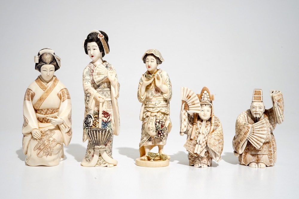 Five signed Japanese ivory okimono, 19/20th C.