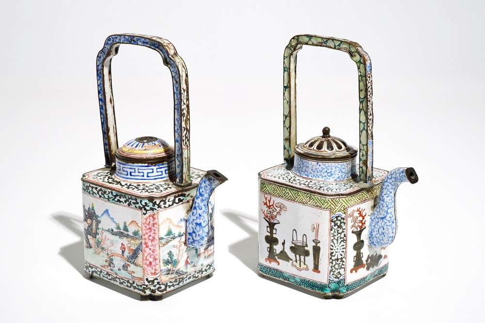 Two Chinese Canton enamel teapots and covers, Qing