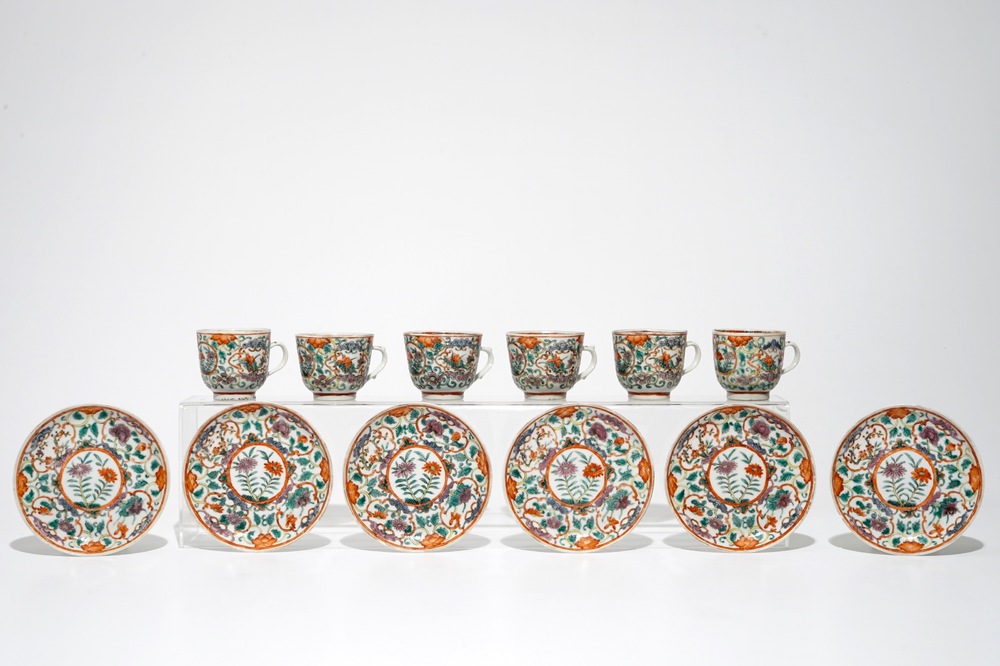 Six Chinese famille verte cups and saucers with floral design, 19th C.