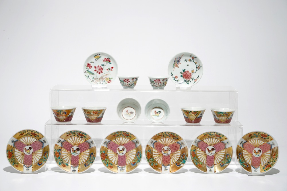 Un lot de six et une paire de tasses et soucoupes en porcelaine de Chine famille rose, Yongzheng/Qianlong