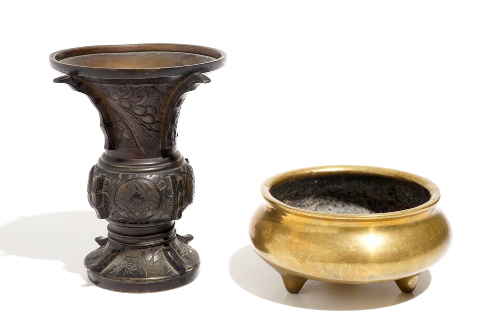 A Chinese bronze tripod censer, Xuande mark, and an archaistic bronze gu vase, 19/20th C.