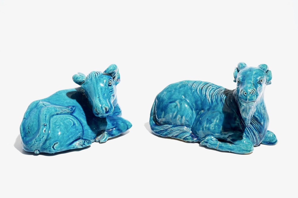 Two Chinese turquoise-glazed models of a cow and a goat, Jiaqing