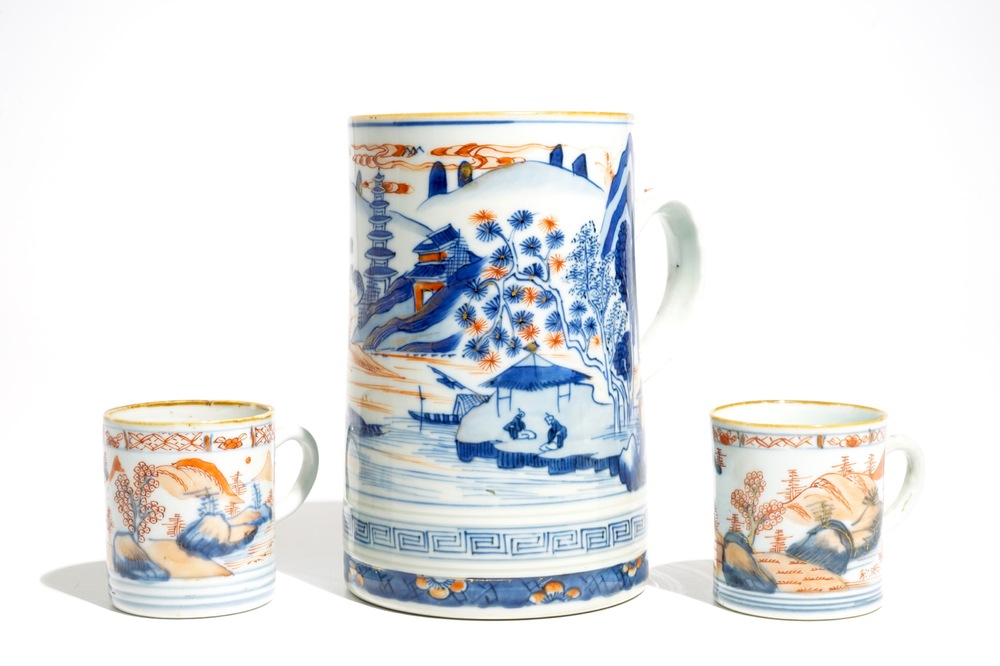 A large Chinese Imari style mug and a smaller pair, Kangxi
