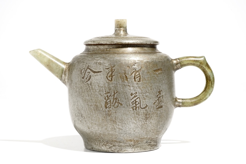 A Chinese inscribed pewter-encased Yixing stoneware teapot with jade, 20e eeuw