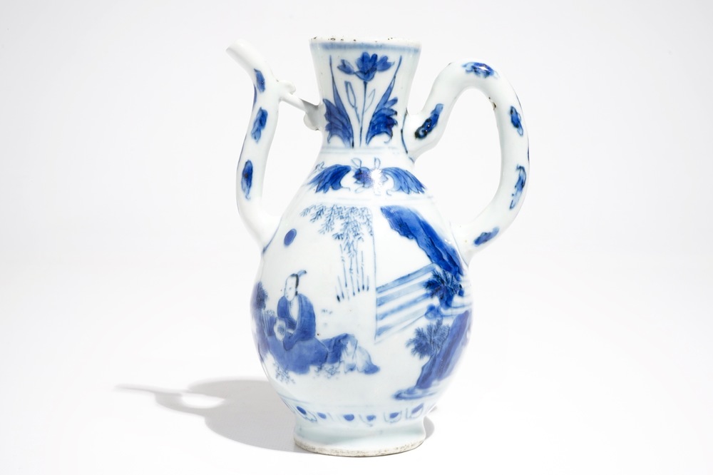 A Chinese blue and white jug with figures in a landscape, Transitional period