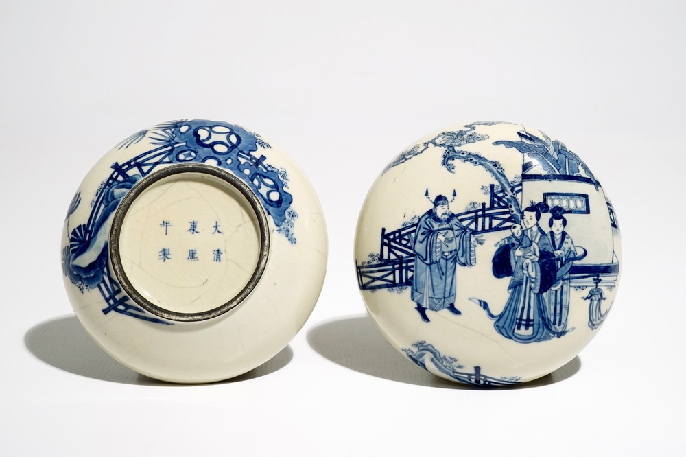 A round Chinese blue and white soft paste box and cover, Kangxi mark, 19th C.