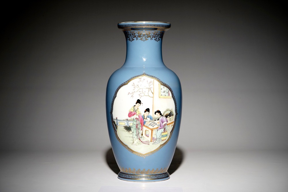 A Chinese famille rose on lavender-blue-ground vase, Qianlong mark, Republic, 20th C.