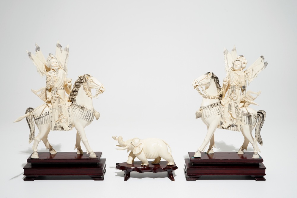 A pair of Chinese ivory figures of warriors on horseback and a small elephant, 19/20th C.