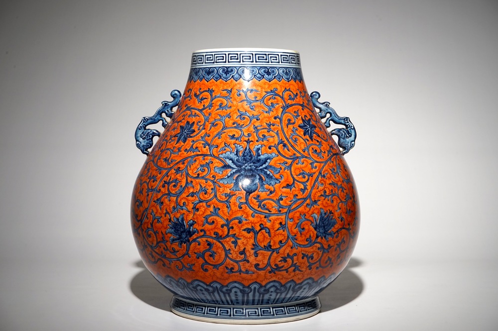 A Chinese coral-ground peony scroll hu vase, Yongzheng mark, 20th C.