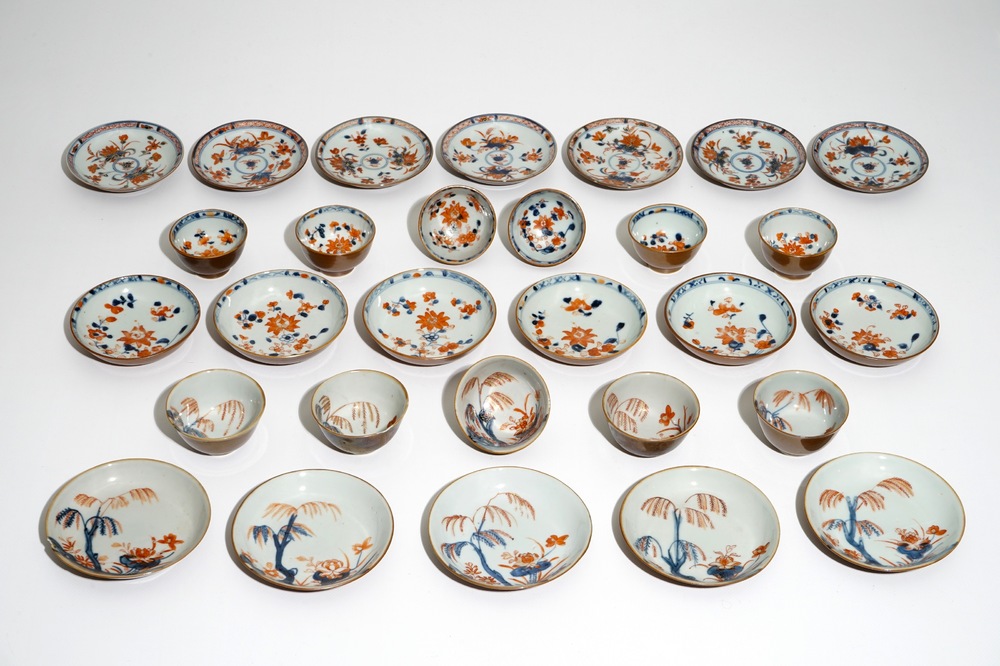 Eleven Chinese Imari style Batavian ware cups and saucers and seven saucers, Qianlong