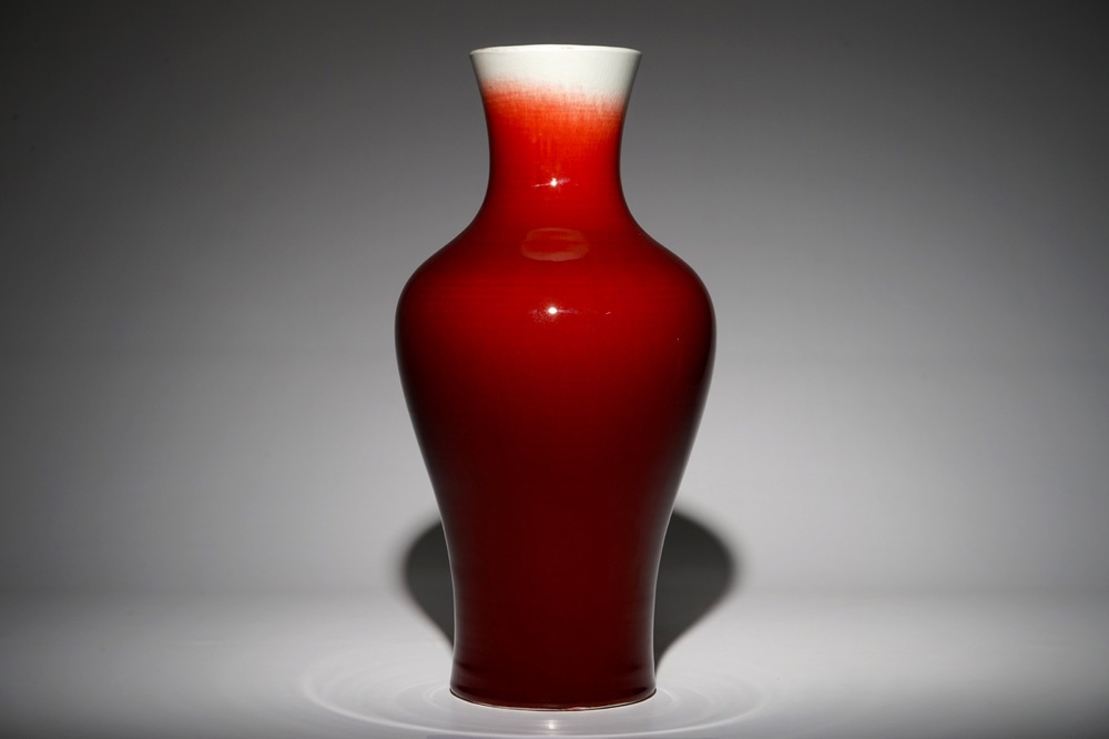 A tall Chinese monochrome langyao vase, Jingdezhen mark, 3rd quarter 20th C.