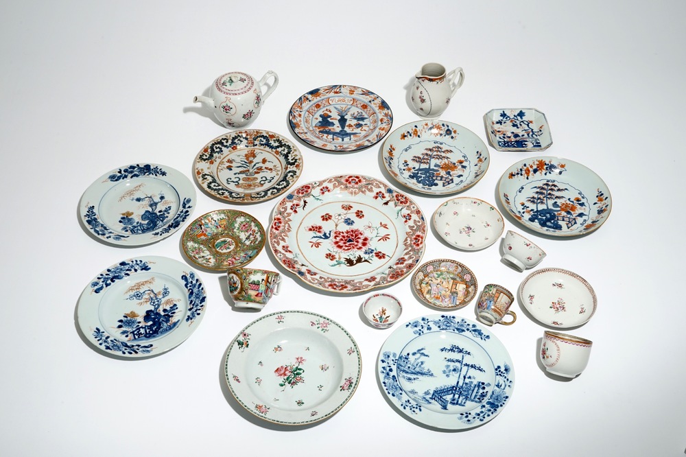A collection of Chinese blue and white, famille rose and Imari style porcelain, 18th C.