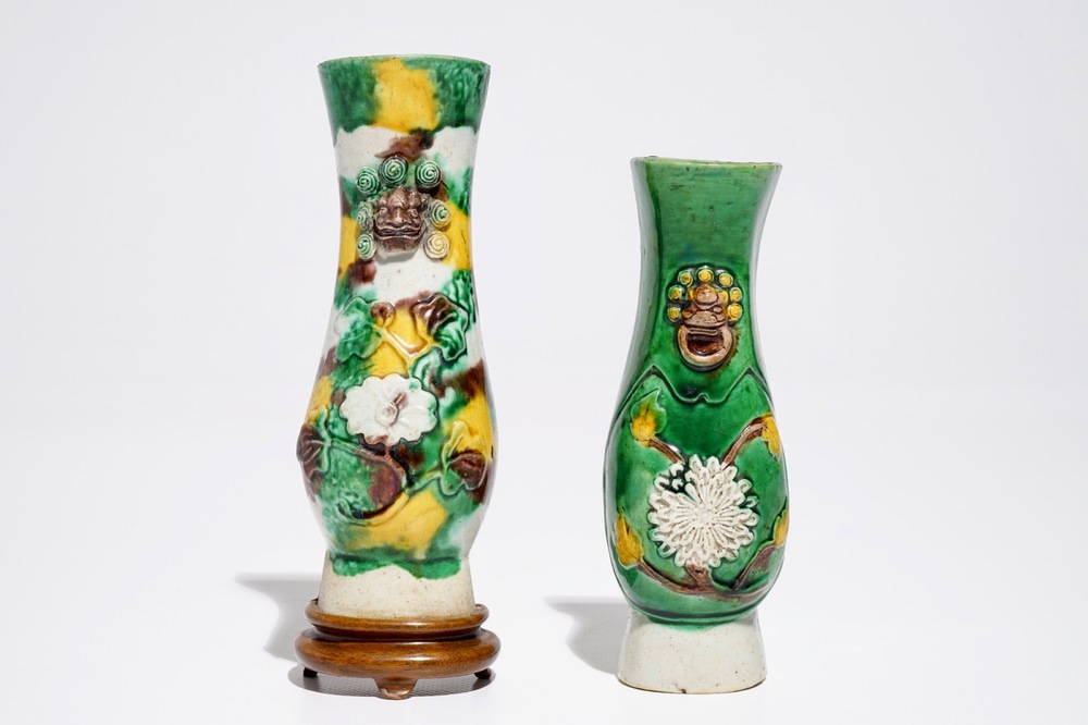 Two Chinese famille verte biscuit wall vases, Kangxi