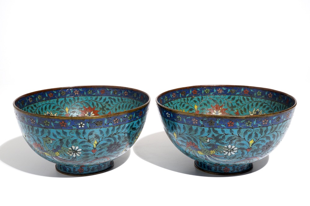 A pair of Chinese cloisonn&eacute; bowls, Jingtai mark, 19th C.