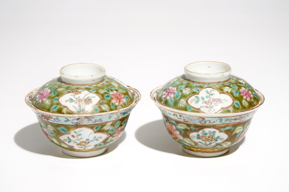 A pair of Chinese famille rose Straits or Peranakan covered bowls, 19th C.